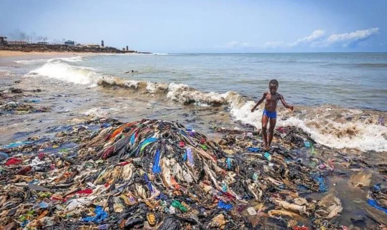  seashore coast seacoast sea-coast garbage truck dustcart plastic bag swimming trunks bathing trunks-0